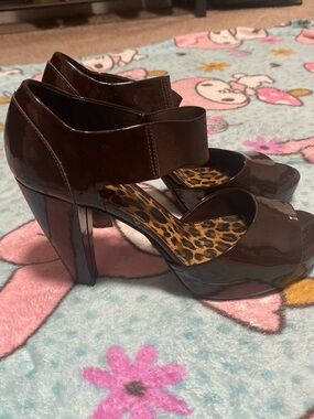 Brown Patent Peep-Toe Heels with Leopard Insole